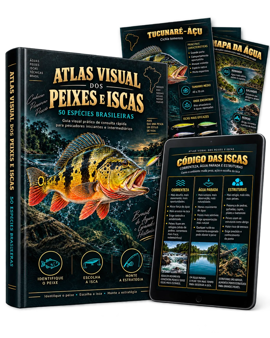 Atlas Visual dos Peixes e Iscas com páginas de demonstração e acesso no tablet