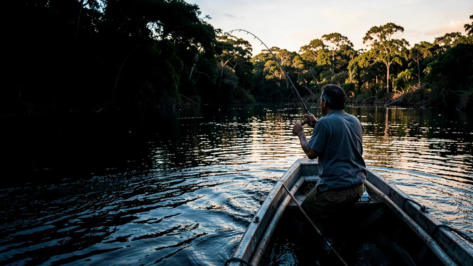 Pescador esportivo em um rio brasileiro no final da tarde